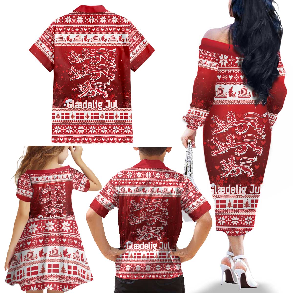 Denmark Christmas Family Matching Off The Shoulder Long Sleeve Dress and Hawaiian Shirt Three Danish Lions - Wonder Print Shop