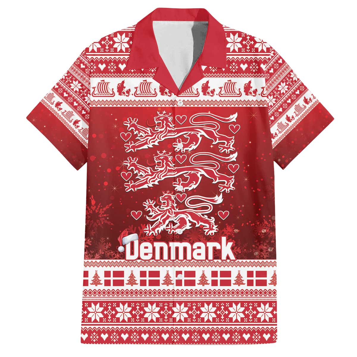 Denmark Christmas Family Matching Off The Shoulder Long Sleeve Dress and Hawaiian Shirt Three Danish Lions - Wonder Print Shop