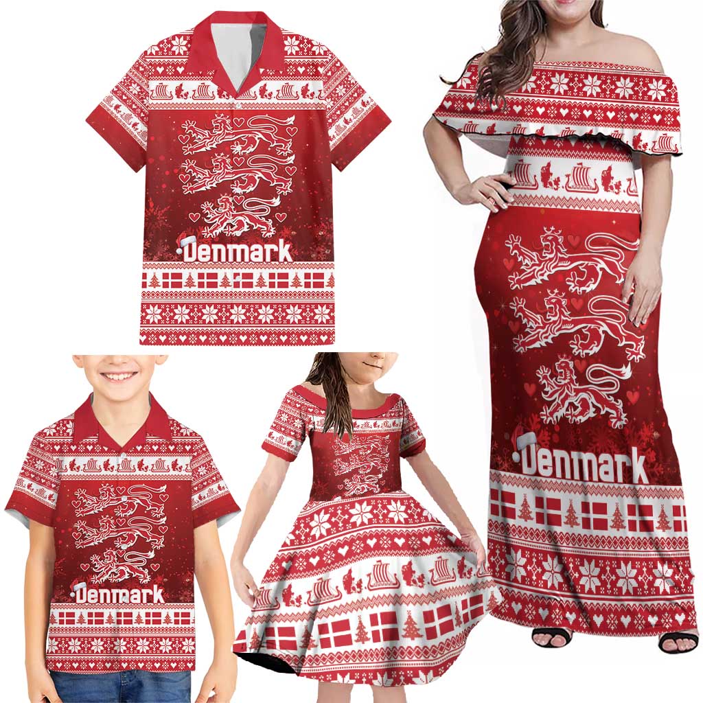 Denmark Christmas Family Matching Off Shoulder Maxi Dress and Hawaiian Shirt Three Danish Lions - Wonder Print Shop