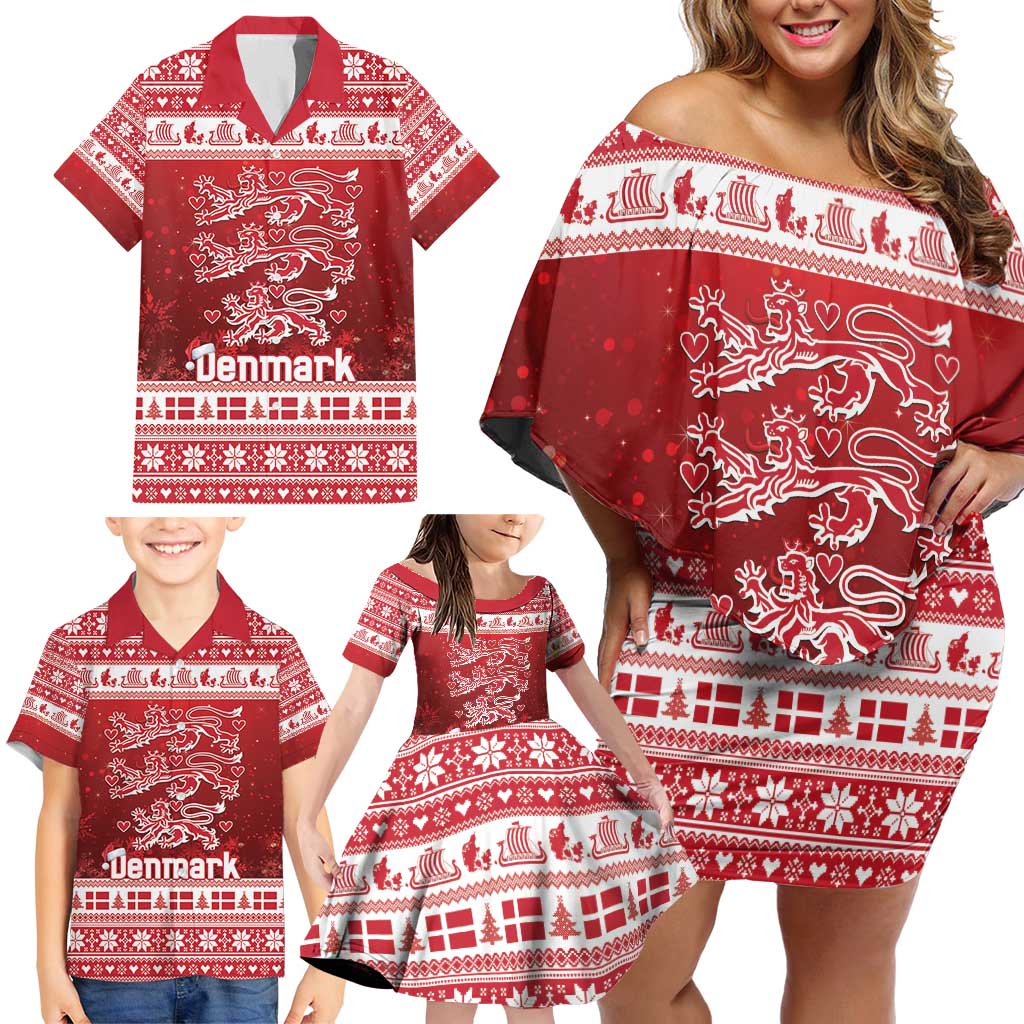 Denmark Christmas Family Matching Off Shoulder Short Dress and Hawaiian Shirt Three Danish Lions - Wonder Print Shop