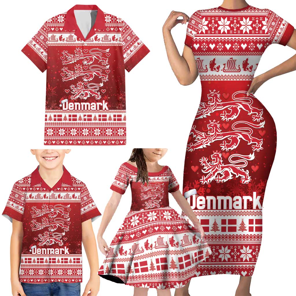 Denmark Christmas Family Matching Short Sleeve Bodycon Dress and Hawaiian Shirt Three Danish Lions - Wonder Print Shop