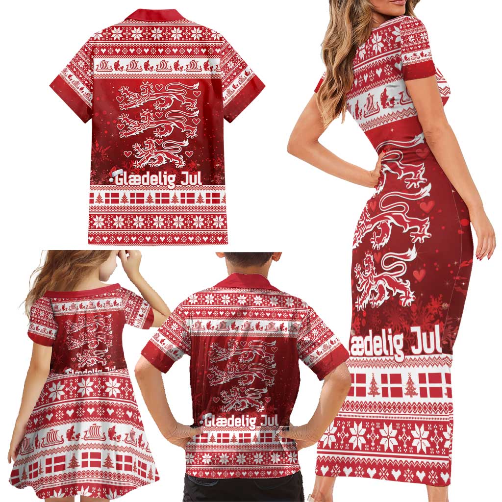 Denmark Christmas Family Matching Short Sleeve Bodycon Dress and Hawaiian Shirt Three Danish Lions - Wonder Print Shop