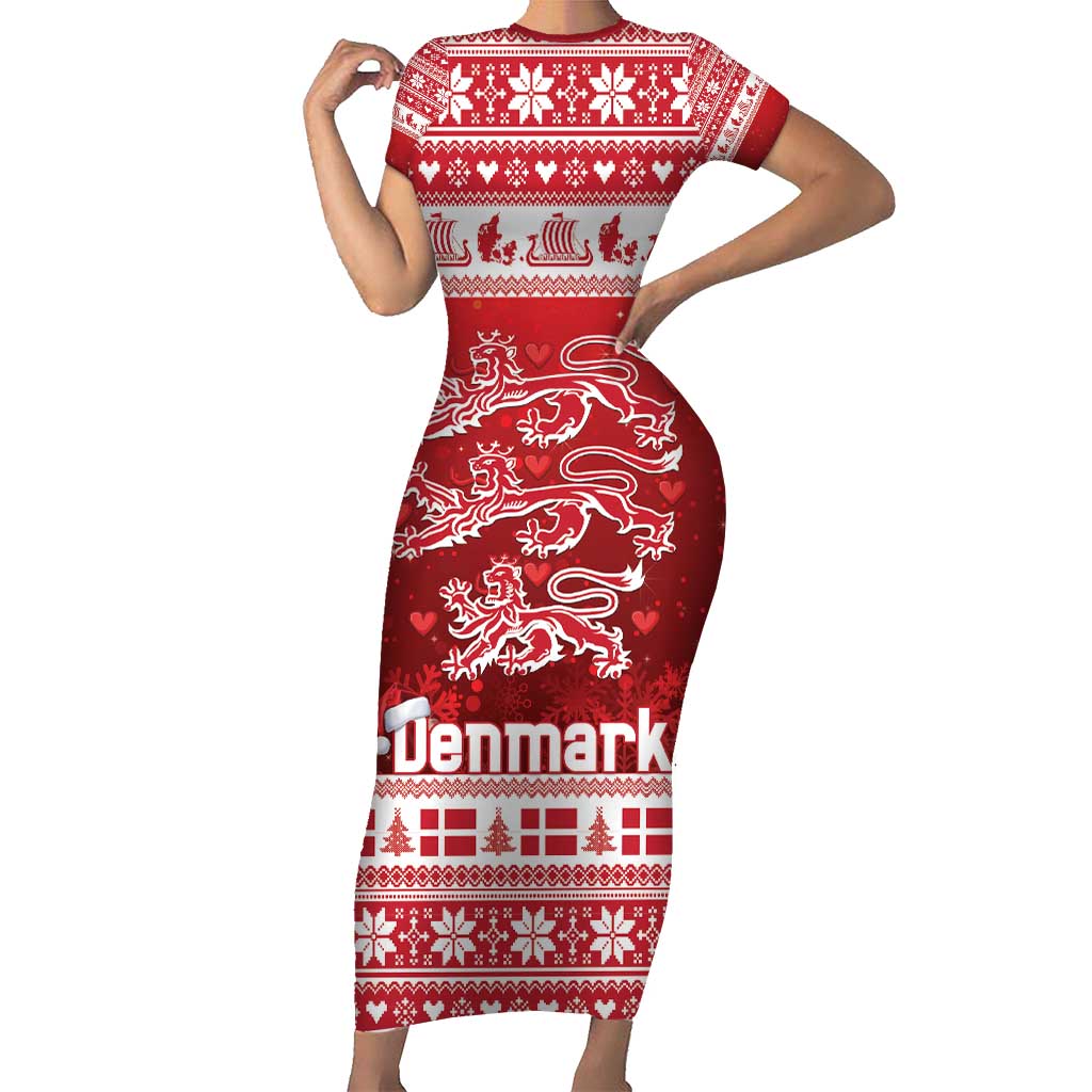 Denmark Christmas Family Matching Short Sleeve Bodycon Dress and Hawaiian Shirt Three Danish Lions - Wonder Print Shop