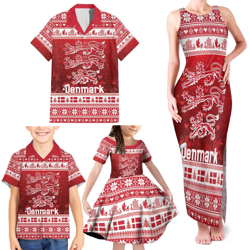 Denmark Christmas Family Matching Tank Maxi Dress and Hawaiian Shirt Three Danish Lions - Wonder Print Shop