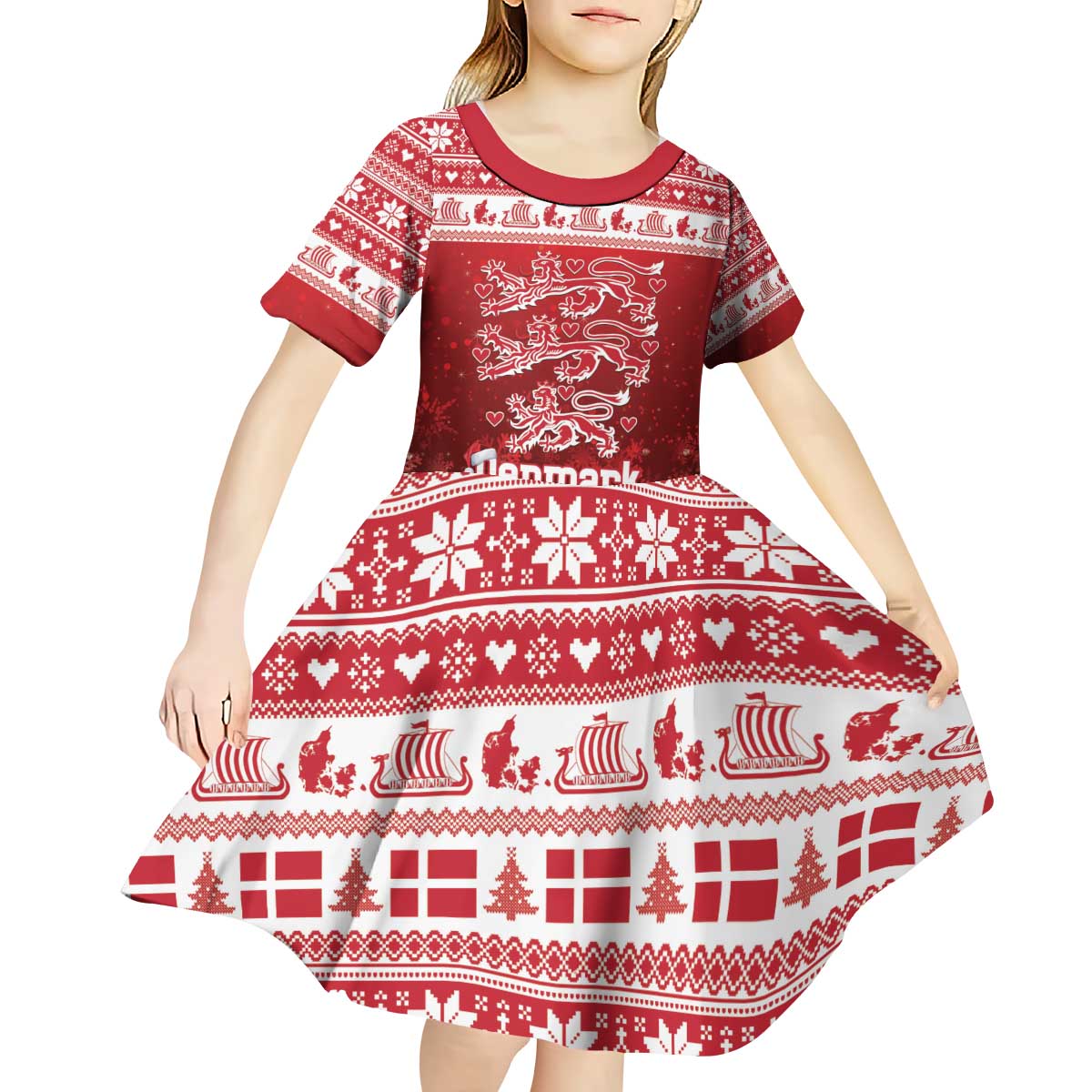 Denmark Christmas Kid Short Sleeve Dress Three Danish Lions - Wonder Print Shop