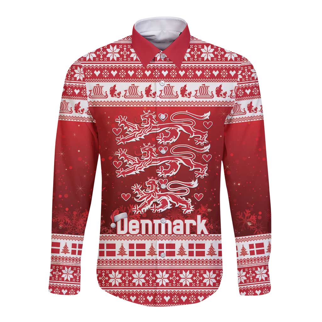 Denmark Christmas Long Sleeve Button Shirt Three Danish Lions - Wonder Print Shop