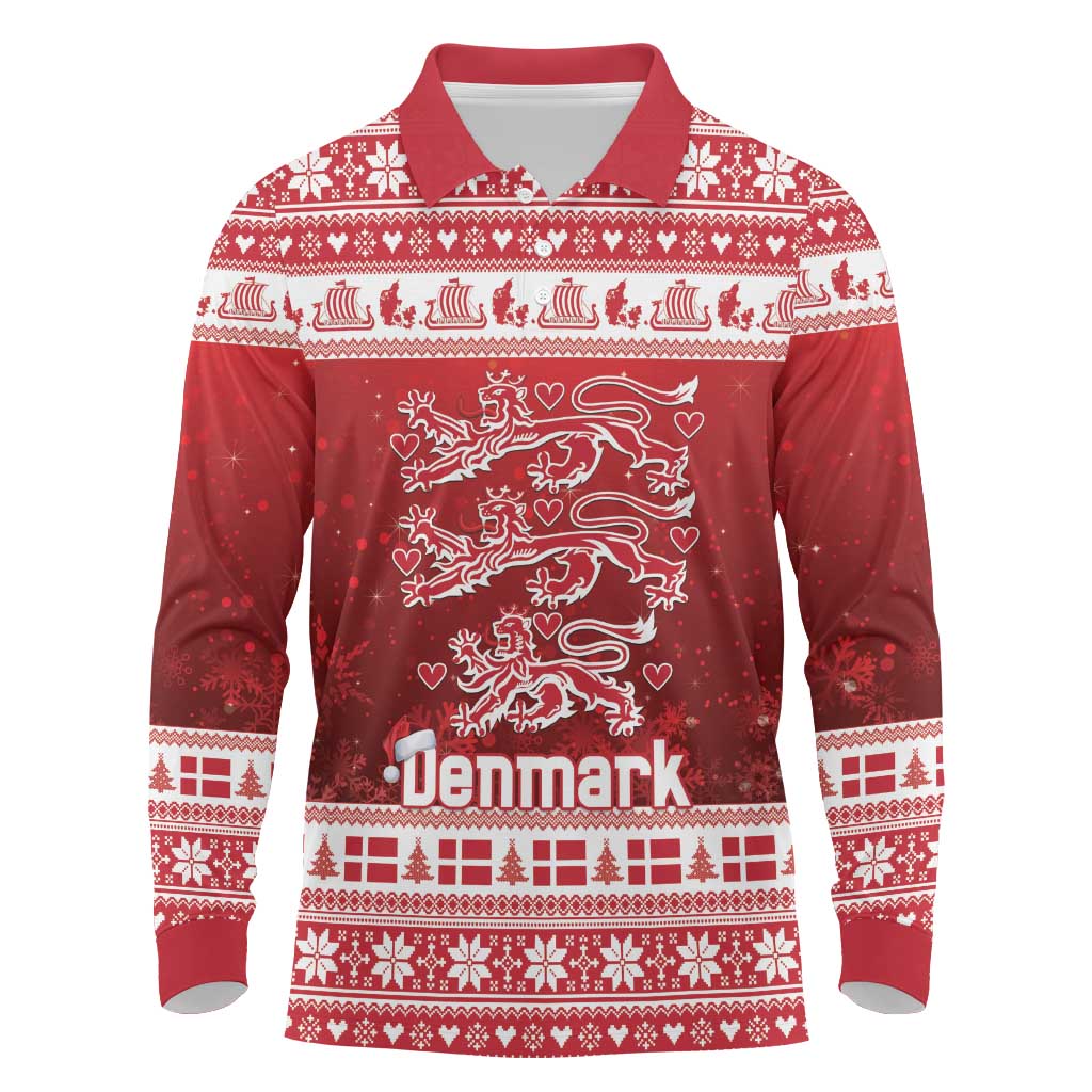 Denmark Christmas Long Sleeve Polo Shirt Three Danish Lions - Wonder Print Shop