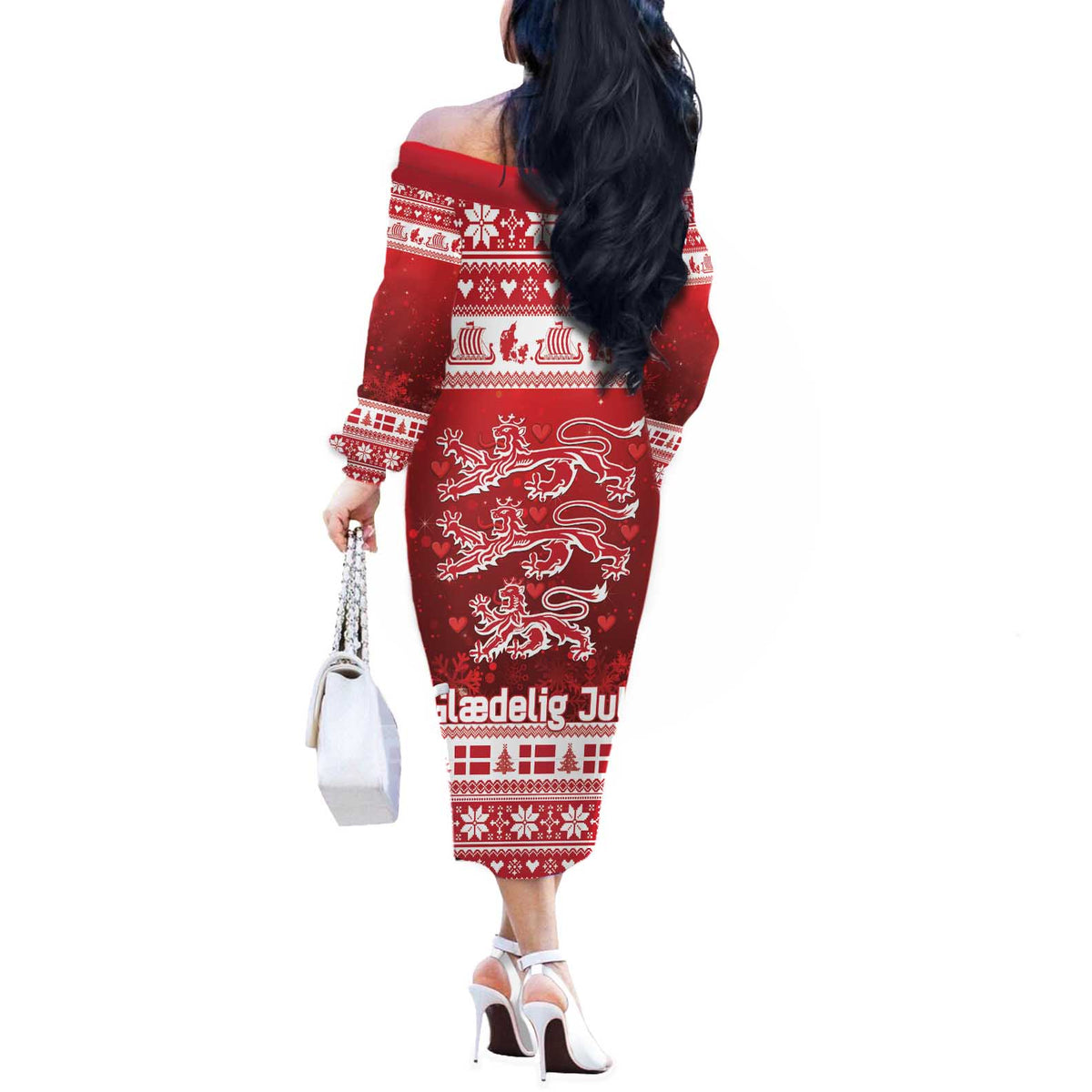 Denmark Christmas Off The Shoulder Long Sleeve Dress Three Danish Lions - Wonder Print Shop