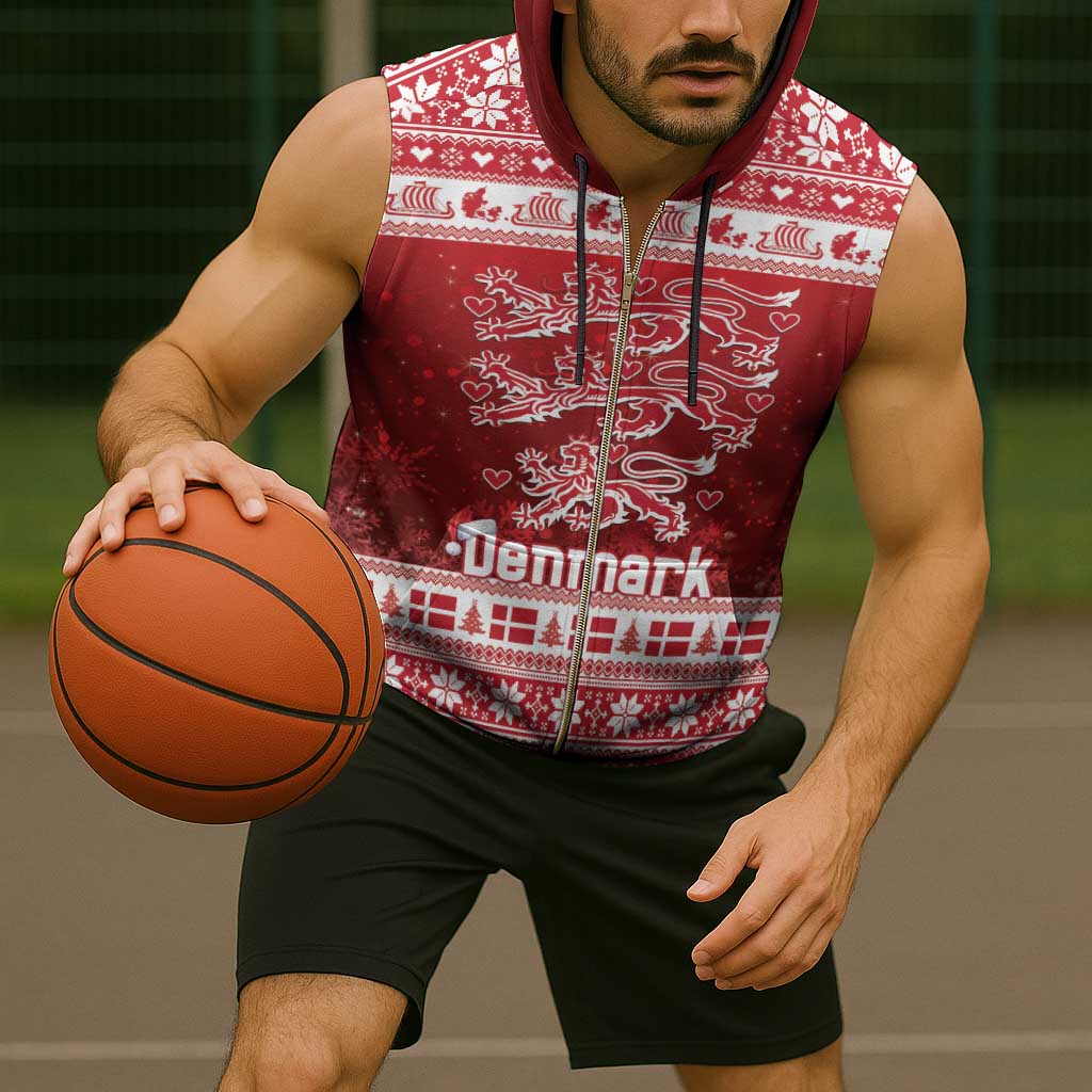 Denmark Christmas Sleeveless Zip Hoodie Three Danish Lions - Wonder Print Shop