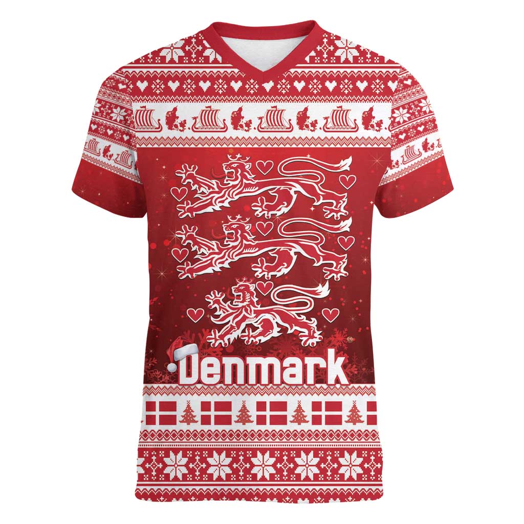 Denmark Christmas Women V-Neck T-Shirt Three Danish Lions - Wonder Print Shop