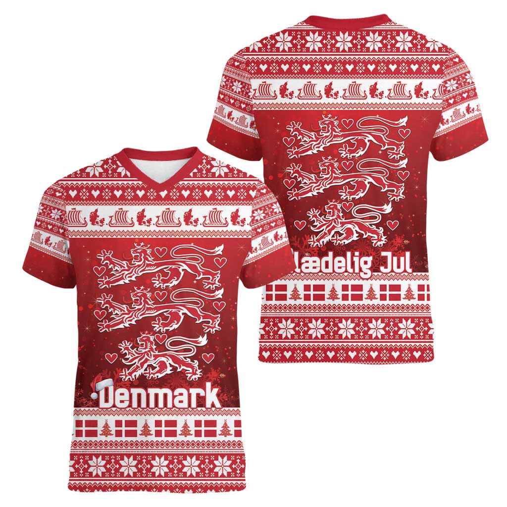 Denmark Christmas Women V-Neck T-Shirt Three Danish Lions - Wonder Print Shop