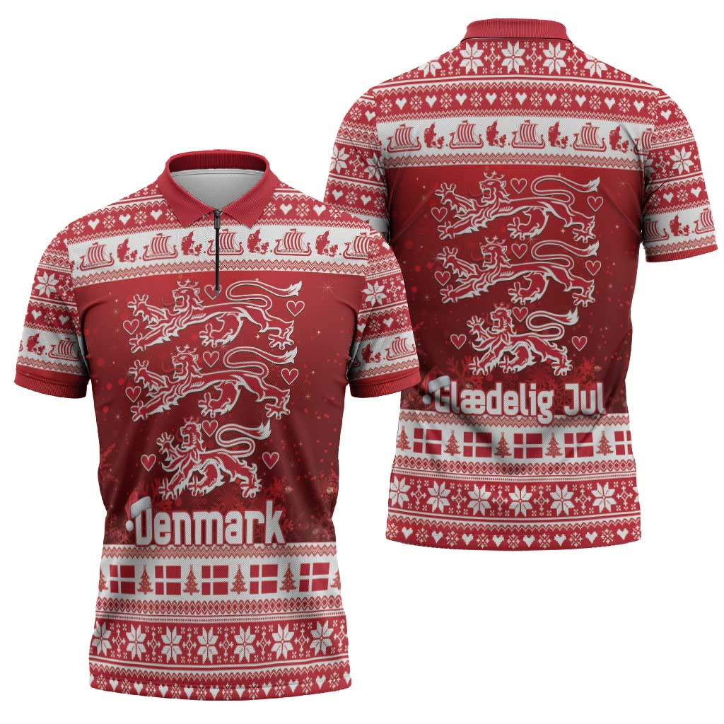 Denmark Christmas Zipper Polo Shirt Three Danish Lions - Wonder Print Shop