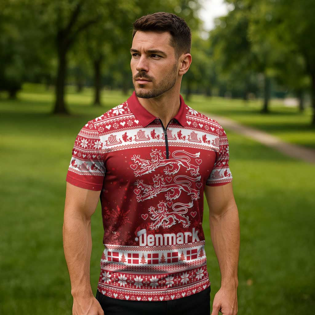 Denmark Christmas Zipper Polo Shirt Three Danish Lions - Wonder Print Shop