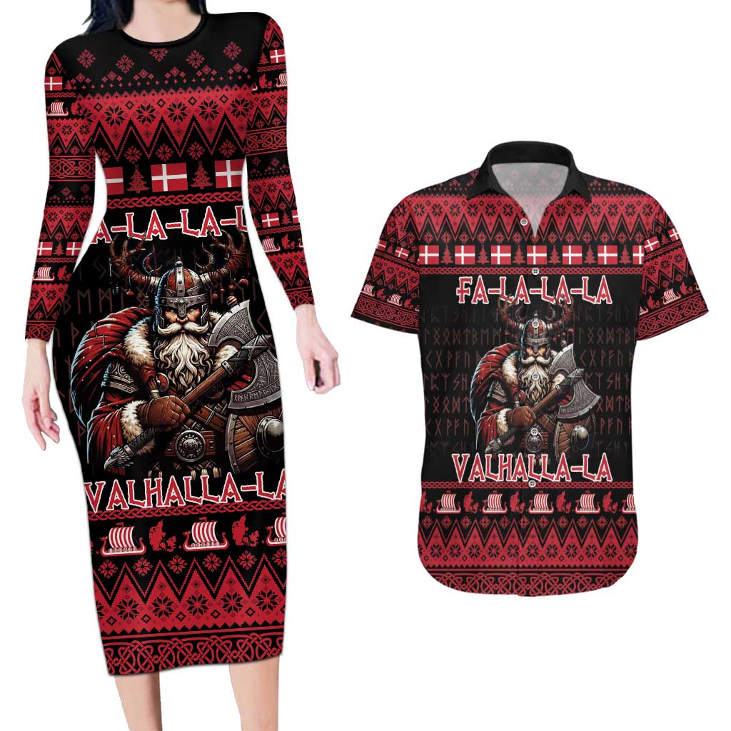 Denmark Santa Viking Christmas Couples Matching Long Sleeve Bodycon Dress and Hawaiian Shirt Julemanden Goes Viking - Wonder Print Shop