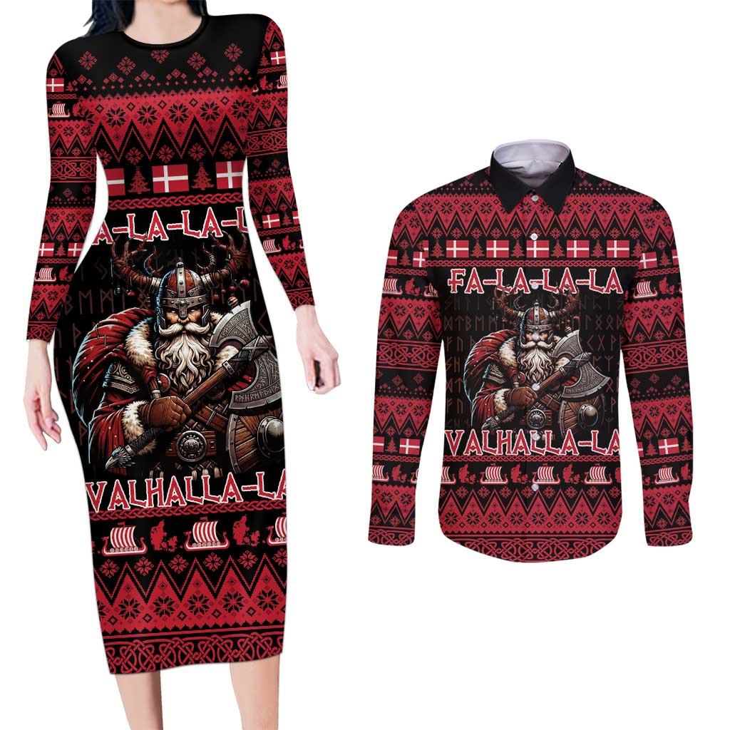 Denmark Santa Viking Christmas Couples Matching Long Sleeve Bodycon Dress and Long Sleeve Button Shirt Julemanden Goes Viking - Wonder Print Shop