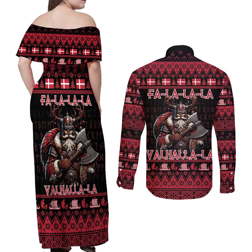 Denmark Santa Viking Christmas Couples Matching Off Shoulder Maxi Dress and Long Sleeve Button Shirt Julemanden Goes Viking - Wonder Print Shop