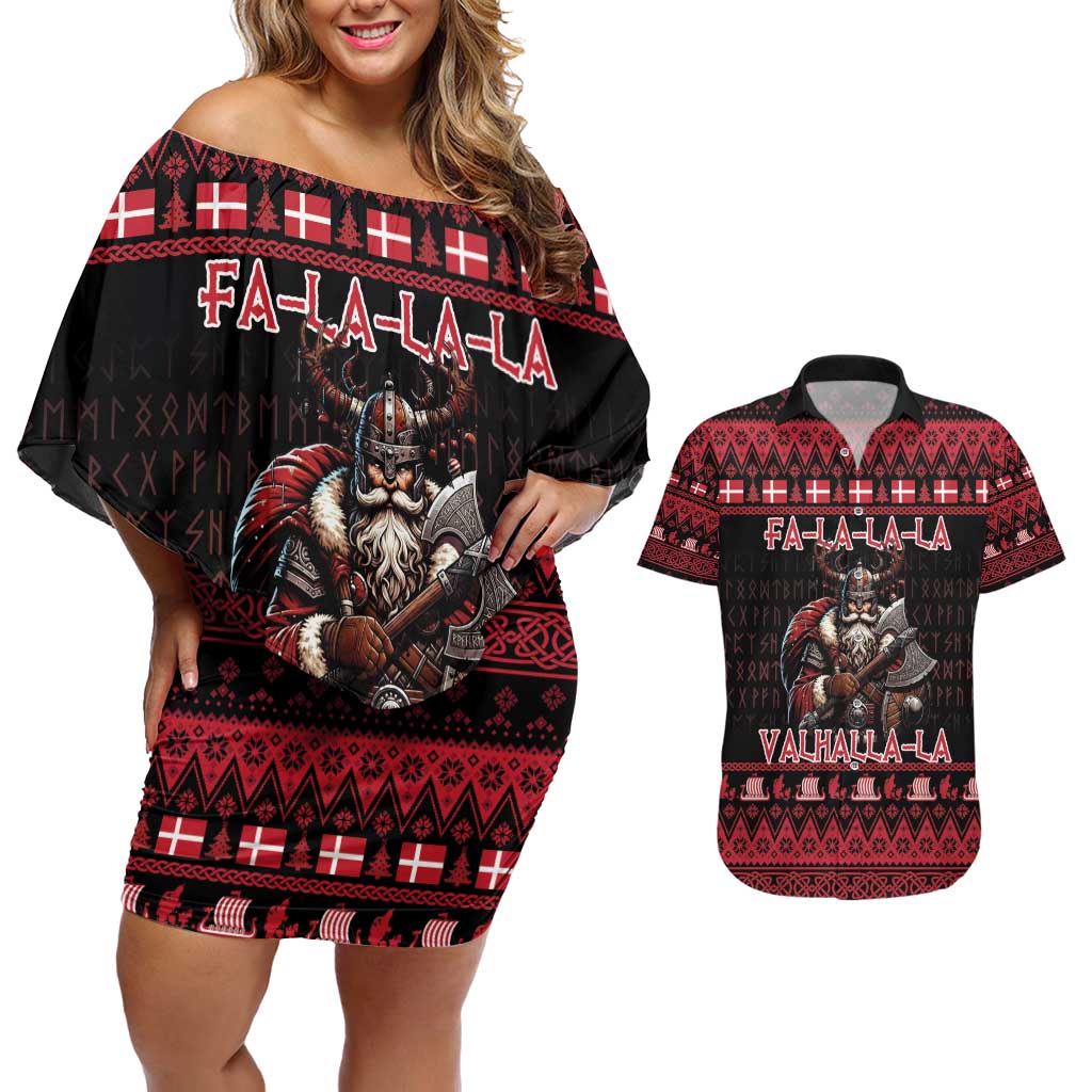 Denmark Santa Viking Christmas Couples Matching Off Shoulder Short Dress and Hawaiian Shirt Julemanden Goes Viking - Wonder Print Shop