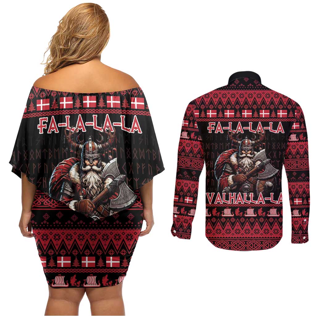 Denmark Santa Viking Christmas Couples Matching Off Shoulder Short Dress and Long Sleeve Button Shirt Julemanden Goes Viking - Wonder Print Shop