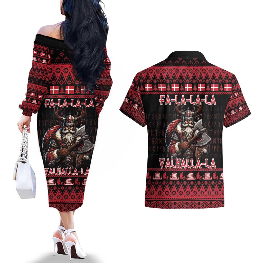 Denmark Santa Viking Christmas Couples Matching Off The Shoulder Long Sleeve Dress and Hawaiian Shirt Julemanden Goes Viking - Wonder Print Shop