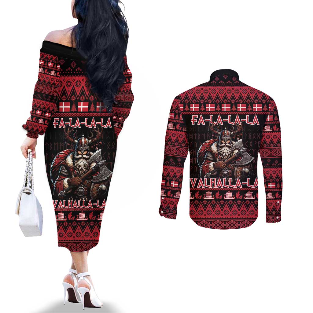 Denmark Santa Viking Christmas Couples Matching Off The Shoulder Long Sleeve Dress and Long Sleeve Button Shirt Julemanden Goes Viking - Wonder Print Shop