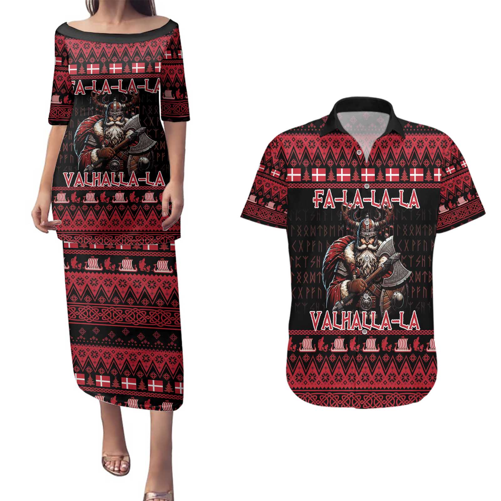 Denmark Santa Viking Christmas Couples Matching Puletasi and Hawaiian Shirt Julemanden Goes Viking - Wonder Print Shop