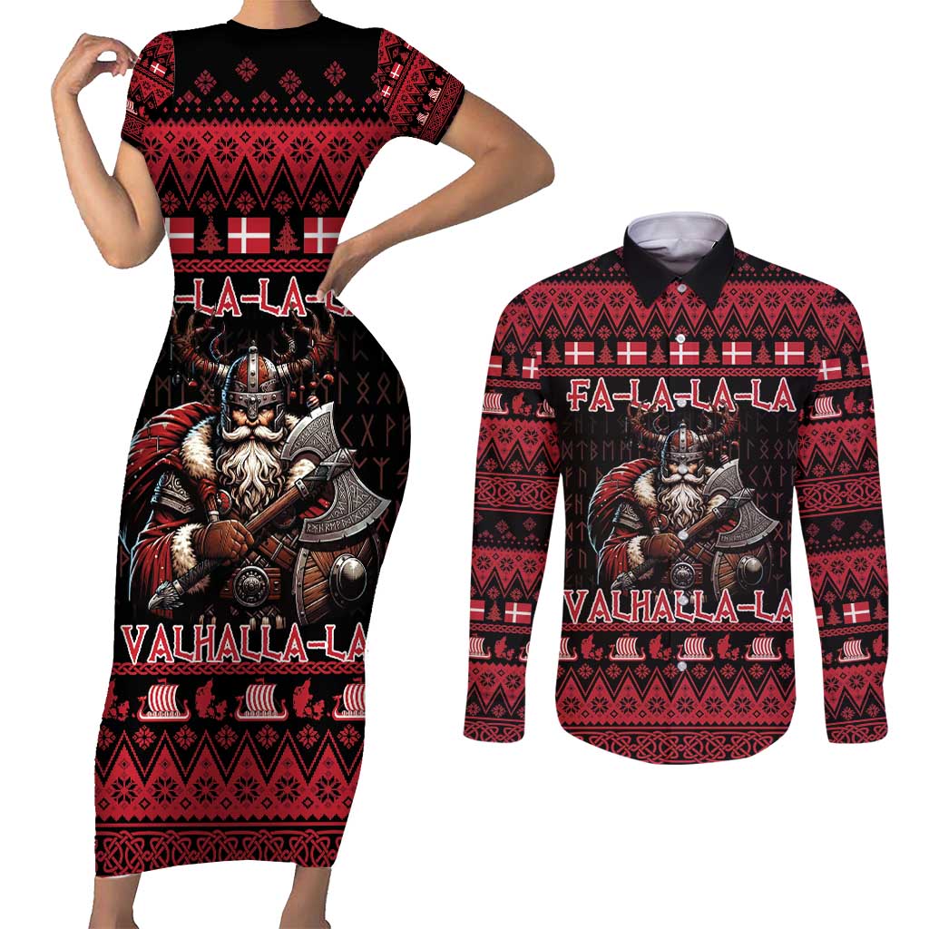 Denmark Santa Viking Christmas Couples Matching Short Sleeve Bodycon Dress and Long Sleeve Button Shirt Julemanden Goes Viking - Wonder Print Shop