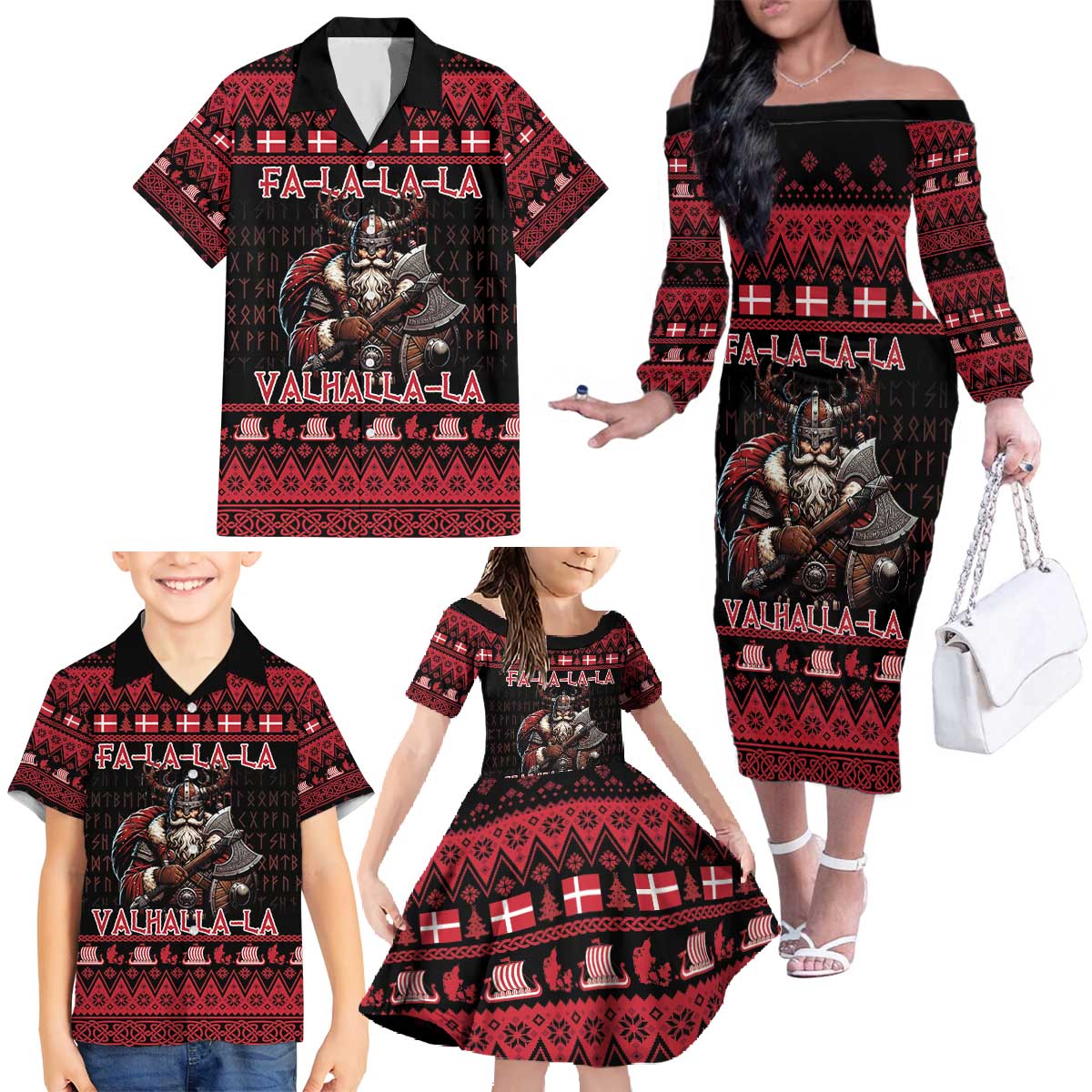 Denmark Santa Viking Christmas Family Matching Off The Shoulder Long Sleeve Dress and Hawaiian Shirt Julemanden Goes Viking - Wonder Print Shop