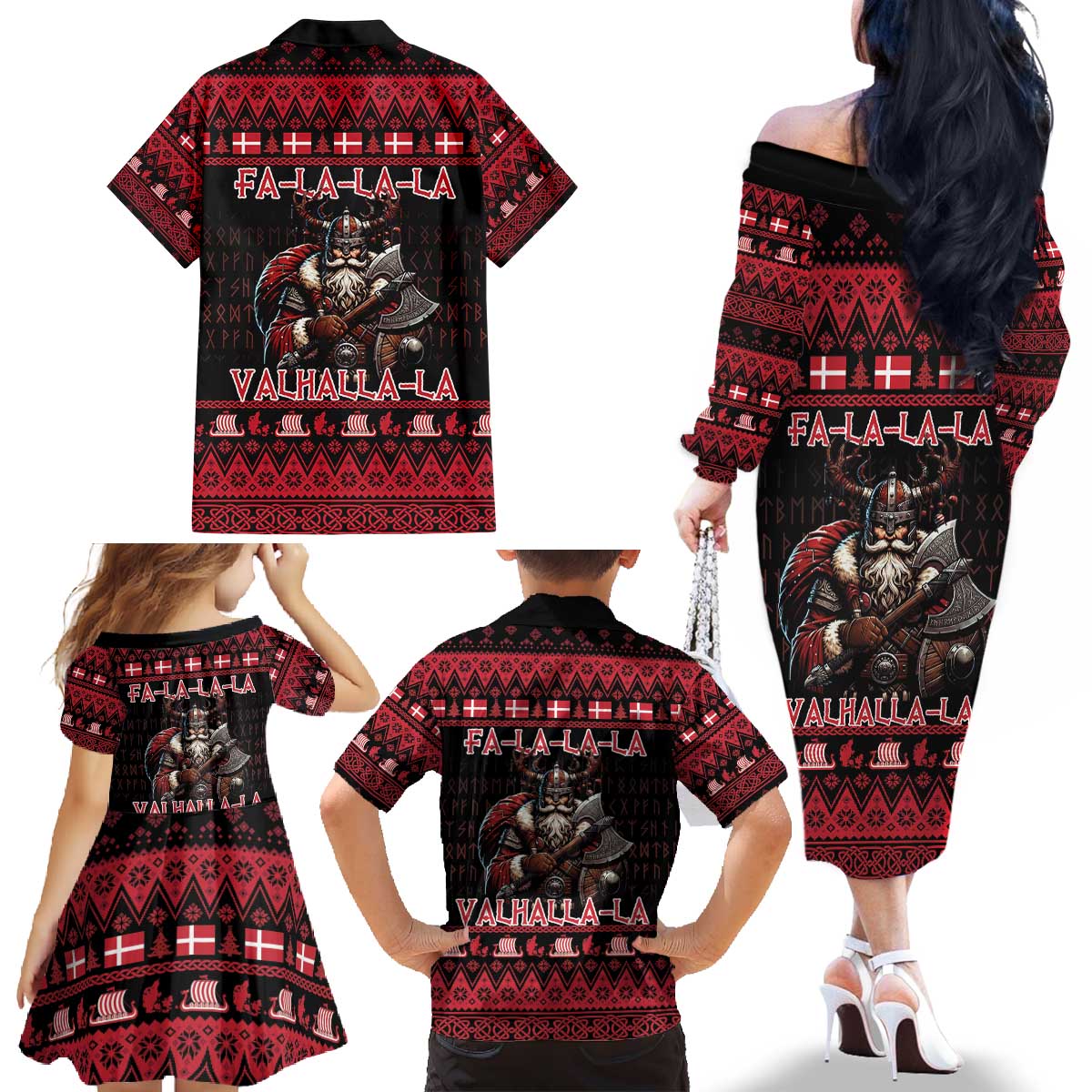 Denmark Santa Viking Christmas Family Matching Off The Shoulder Long Sleeve Dress and Hawaiian Shirt Julemanden Goes Viking - Wonder Print Shop