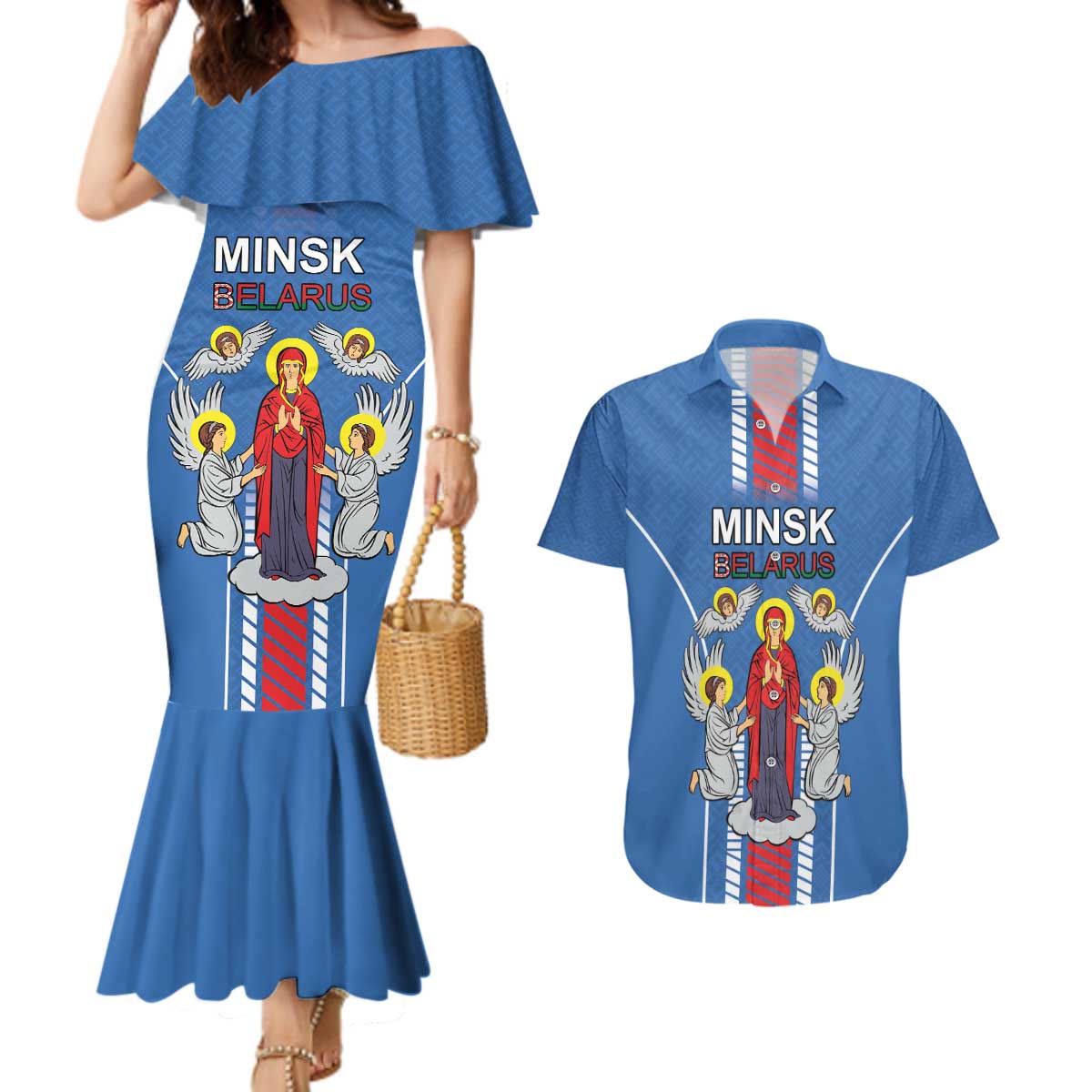 Personalized Belarus Couples Matching Mermaid Dress and Hawaiian Shirt Coat Of Arms Minsk Capital