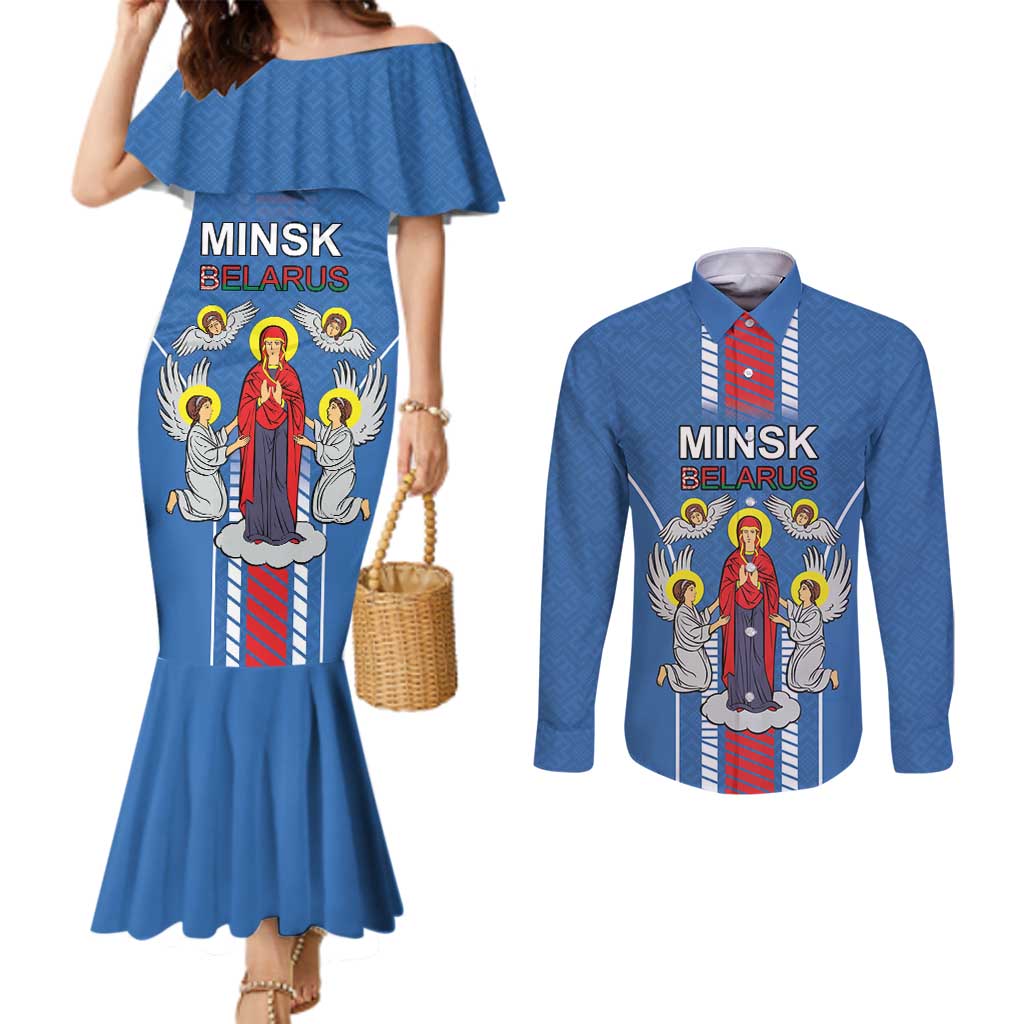 Personalized Belarus Couples Matching Mermaid Dress and Long Sleeve Button Shirt Coat Of Arms Minsk Capital