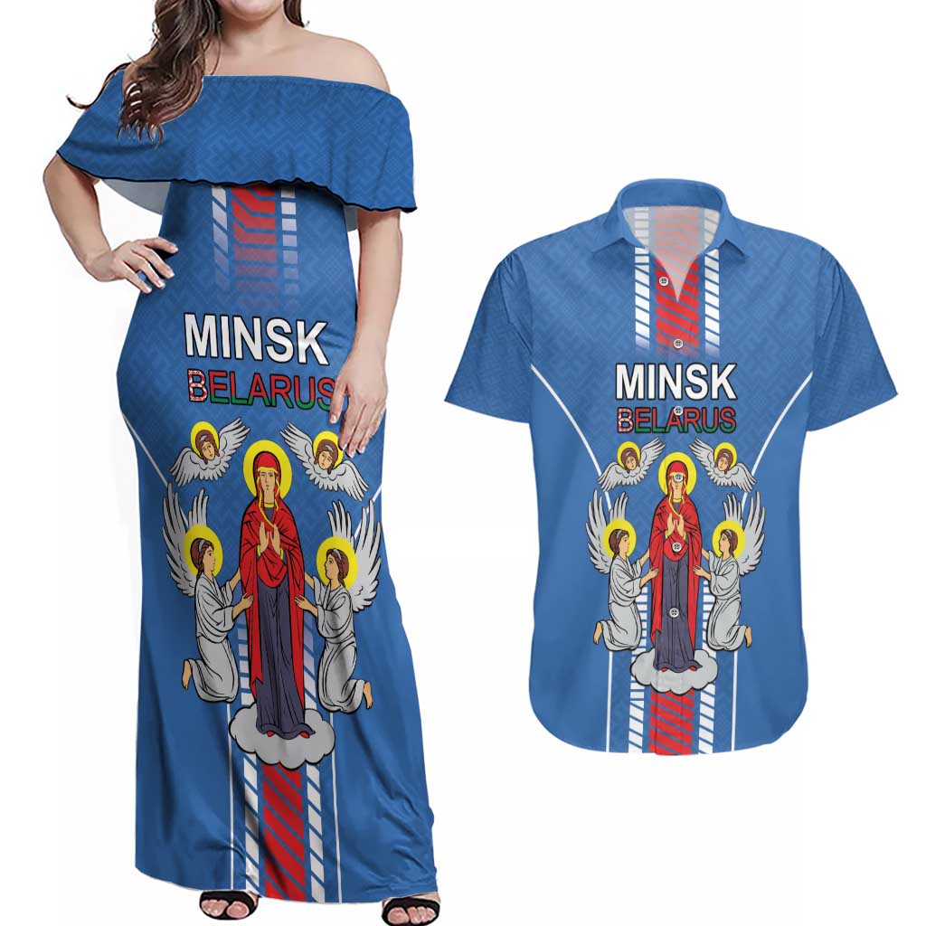 Personalized Belarus Couples Matching Off Shoulder Maxi Dress and Hawaiian Shirt Coat Of Arms Minsk Capital