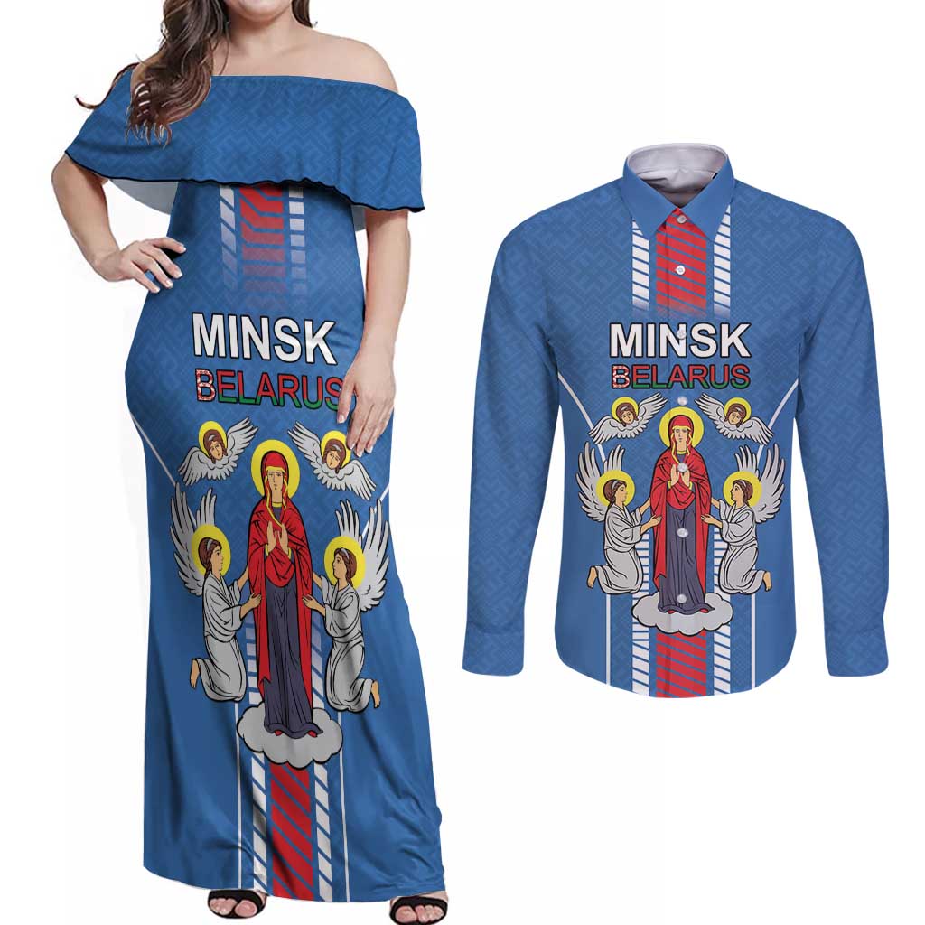 Personalized Belarus Couples Matching Off Shoulder Maxi Dress and Long Sleeve Button Shirt Coat Of Arms Minsk Capital