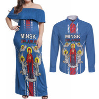 Personalized Belarus Couples Matching Off Shoulder Maxi Dress and Long Sleeve Button Shirt Coat Of Arms Minsk Capital