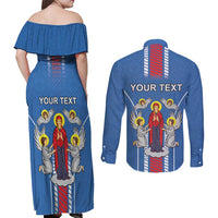 Personalized Belarus Couples Matching Off Shoulder Maxi Dress and Long Sleeve Button Shirt Coat Of Arms Minsk Capital