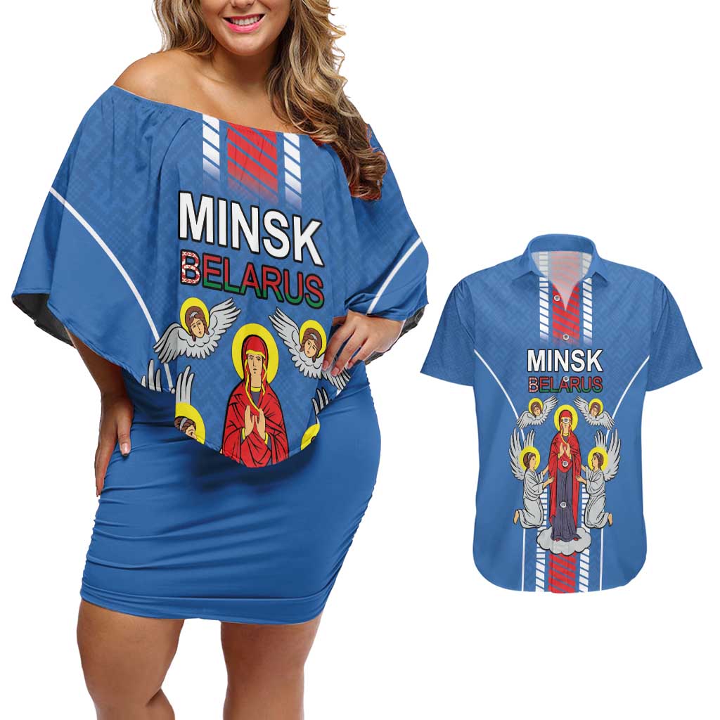 Personalized Belarus Couples Matching Off Shoulder Short Dress and Hawaiian Shirt Coat Of Arms Minsk Capital