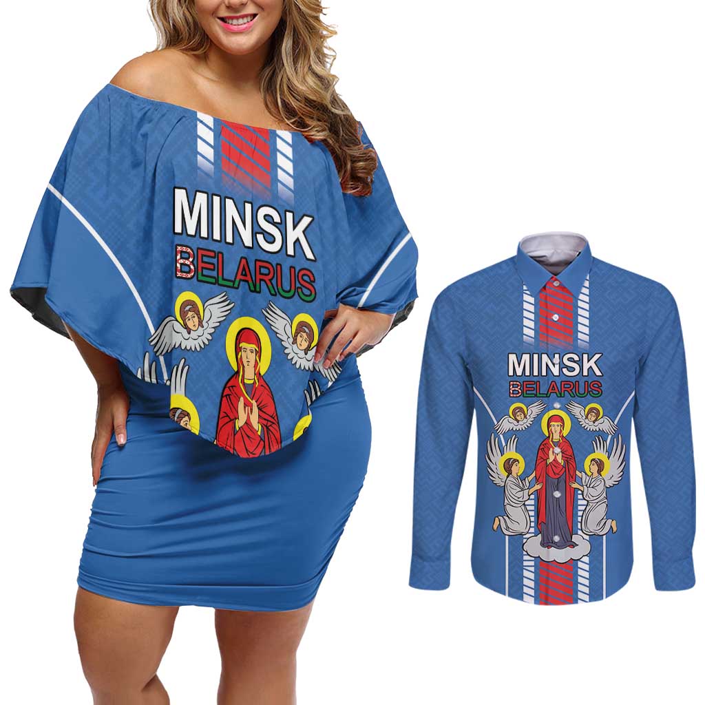 Personalized Belarus Couples Matching Off Shoulder Short Dress and Long Sleeve Button Shirt Coat Of Arms Minsk Capital