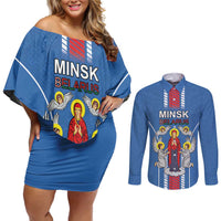 Personalized Belarus Couples Matching Off Shoulder Short Dress and Long Sleeve Button Shirt Coat Of Arms Minsk Capital