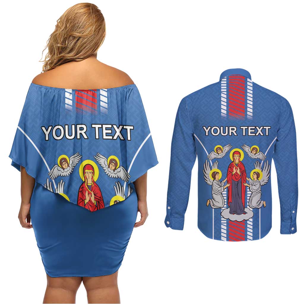 Personalized Belarus Couples Matching Off Shoulder Short Dress and Long Sleeve Button Shirt Coat Of Arms Minsk Capital