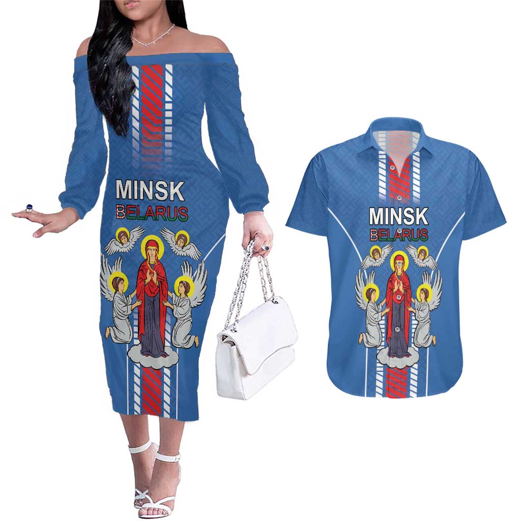Personalized Belarus Couples Matching Off The Shoulder Long Sleeve Dress and Hawaiian Shirt Coat Of Arms Minsk Capital