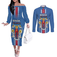 Personalized Belarus Couples Matching Off The Shoulder Long Sleeve Dress and Long Sleeve Button Shirt Coat Of Arms Minsk Capital