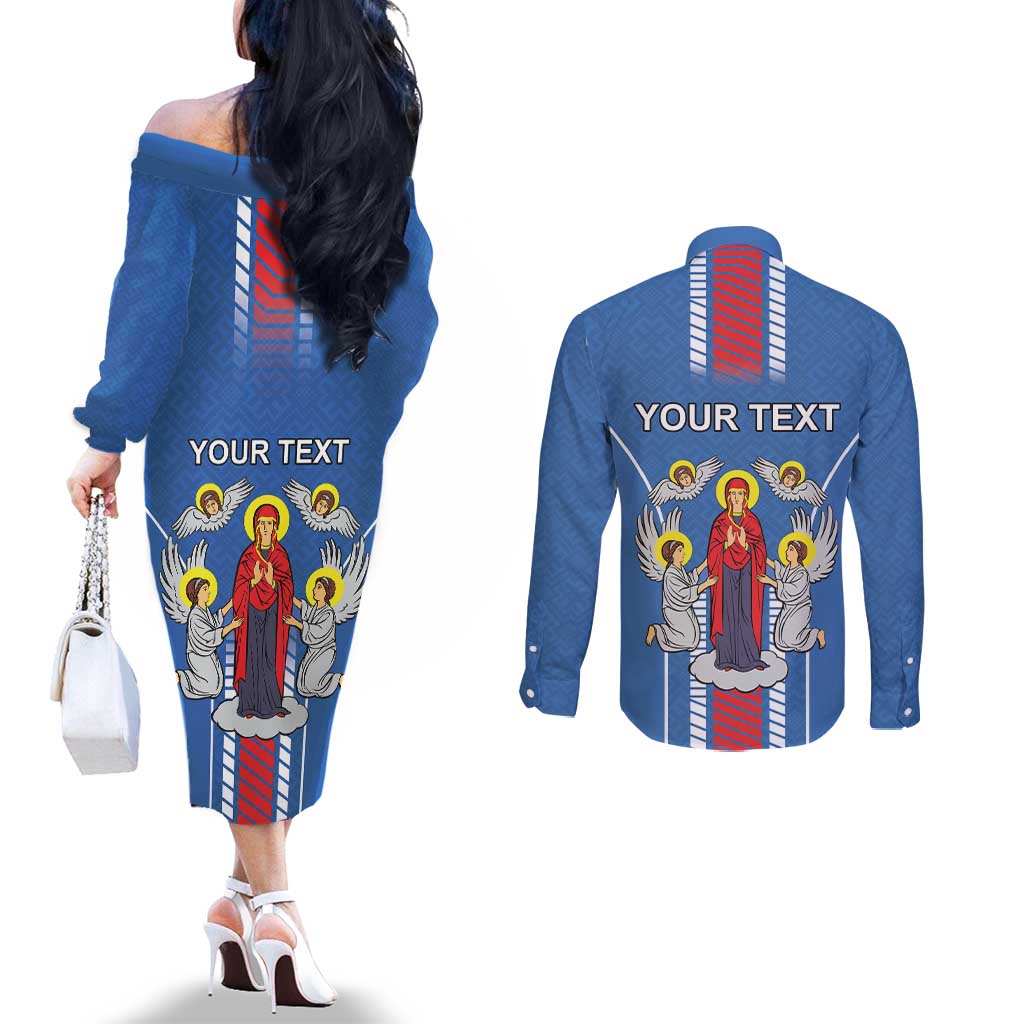 Personalized Belarus Couples Matching Off The Shoulder Long Sleeve Dress and Long Sleeve Button Shirt Coat Of Arms Minsk Capital