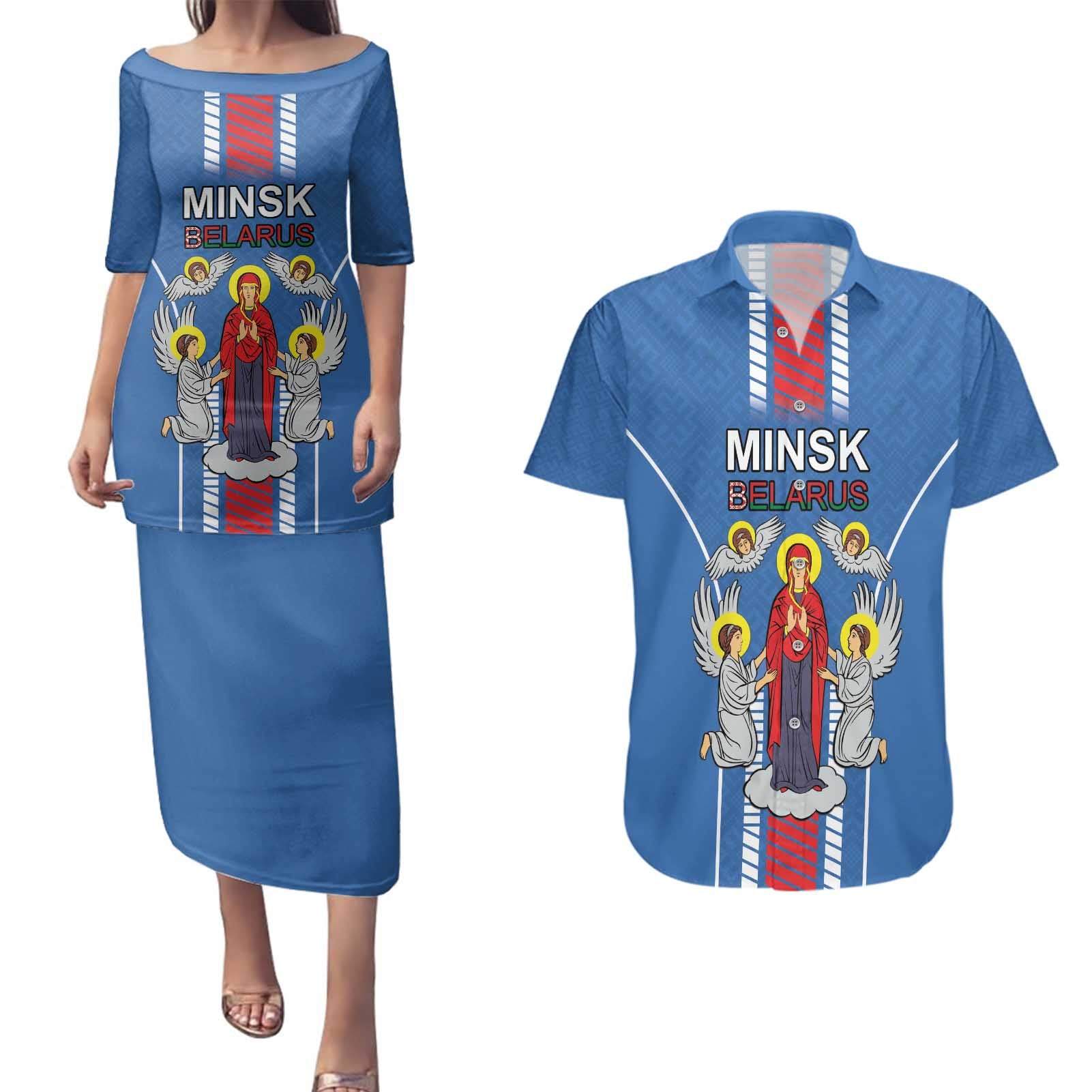 Personalized Belarus Couples Matching Puletasi and Hawaiian Shirt Coat Of Arms Minsk Capital