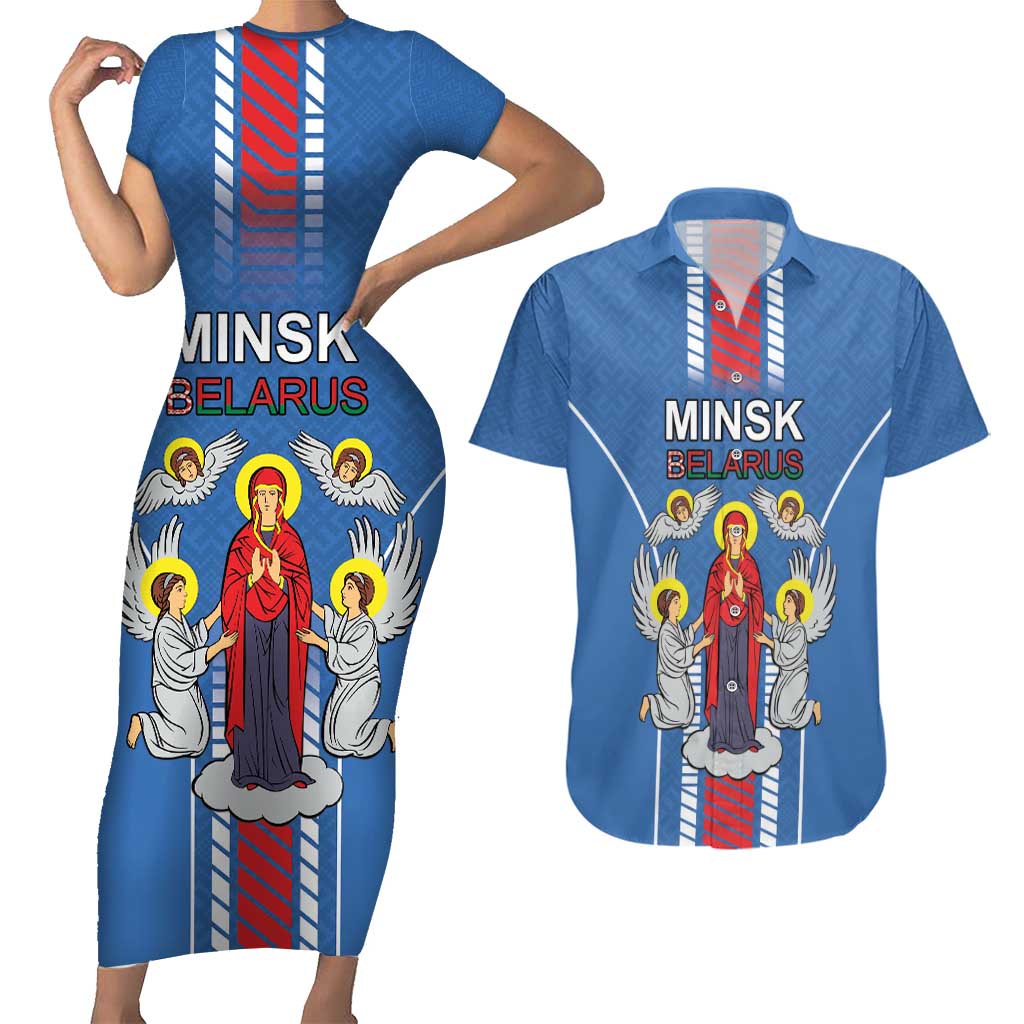 Personalized Belarus Couples Matching Short Sleeve Bodycon Dress and Hawaiian Shirt Coat Of Arms Minsk Capital