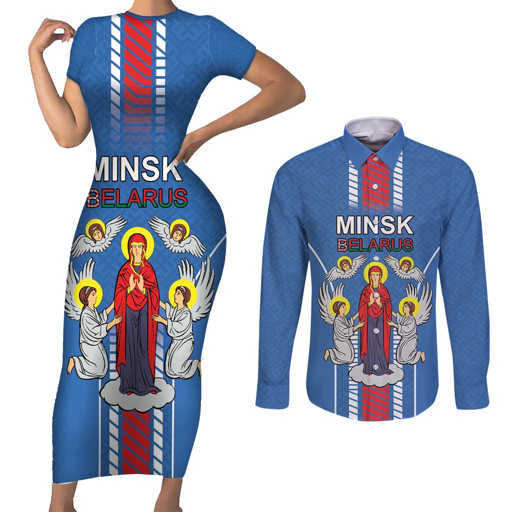 Personalized Belarus Couples Matching Short Sleeve Bodycon Dress and Long Sleeve Button Shirt Coat Of Arms Minsk Capital