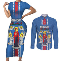 Personalized Belarus Couples Matching Short Sleeve Bodycon Dress and Long Sleeve Button Shirt Coat Of Arms Minsk Capital