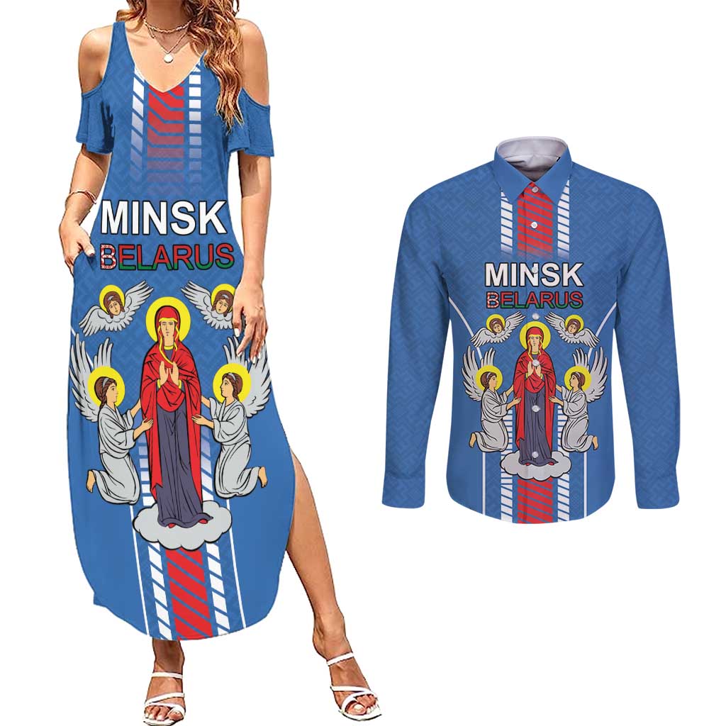 Personalized Belarus Couples Matching Summer Maxi Dress and Long Sleeve Button Shirt Coat Of Arms Minsk Capital
