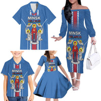 Personalized Belarus Family Matching Off The Shoulder Long Sleeve Dress and Hawaiian Shirt Coat Of Arms Minsk Capital