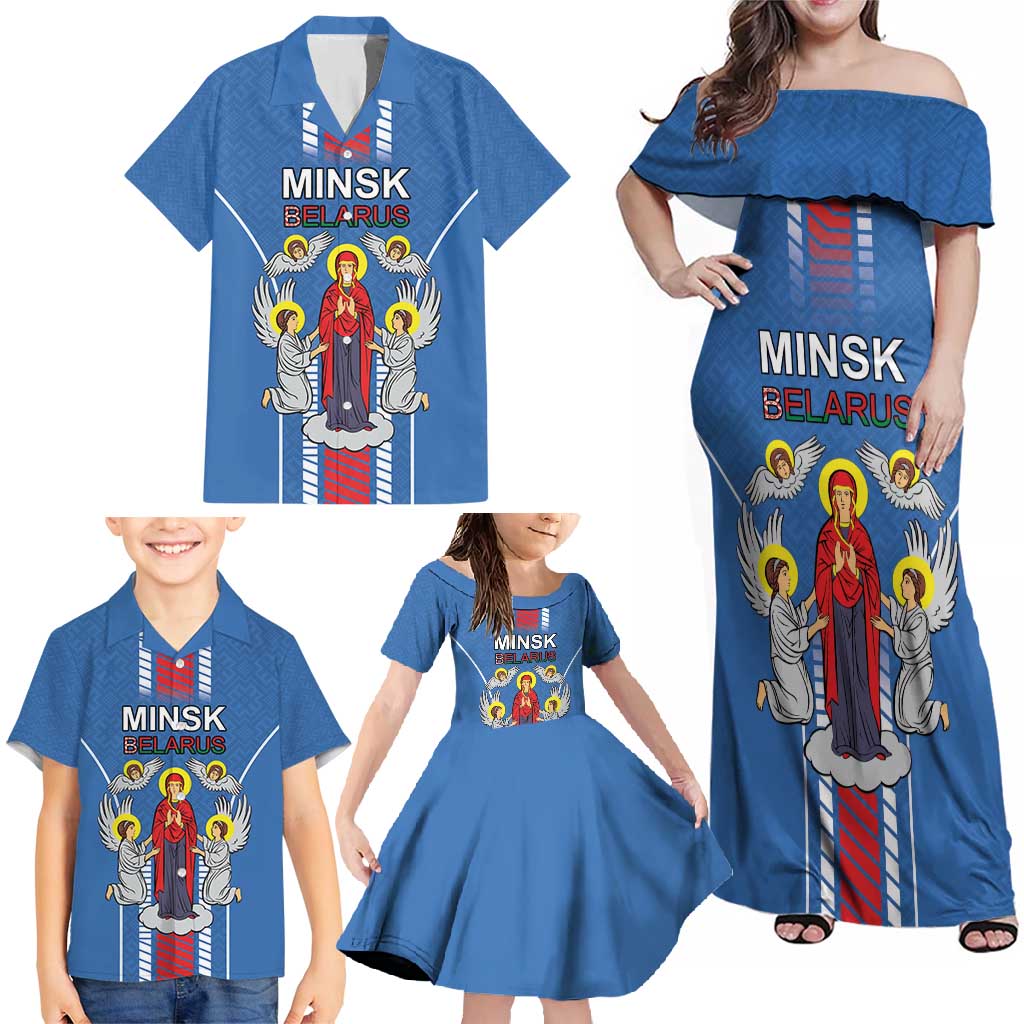 Personalized Belarus Family Matching Off Shoulder Maxi Dress and Hawaiian Shirt Coat Of Arms Minsk Capital
