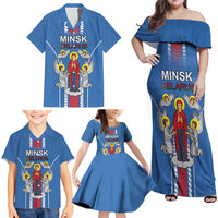 Personalized Belarus Family Matching Off Shoulder Maxi Dress and Hawaiian Shirt Coat Of Arms Minsk Capital