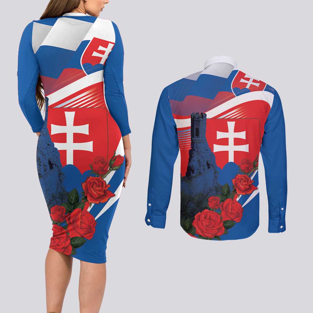 Slovakia Independence Day Couples Matching Long Sleeve Bodycon Dress and Long Sleeve Button Shirt Devín Castle Nad Tatrou sa blyska